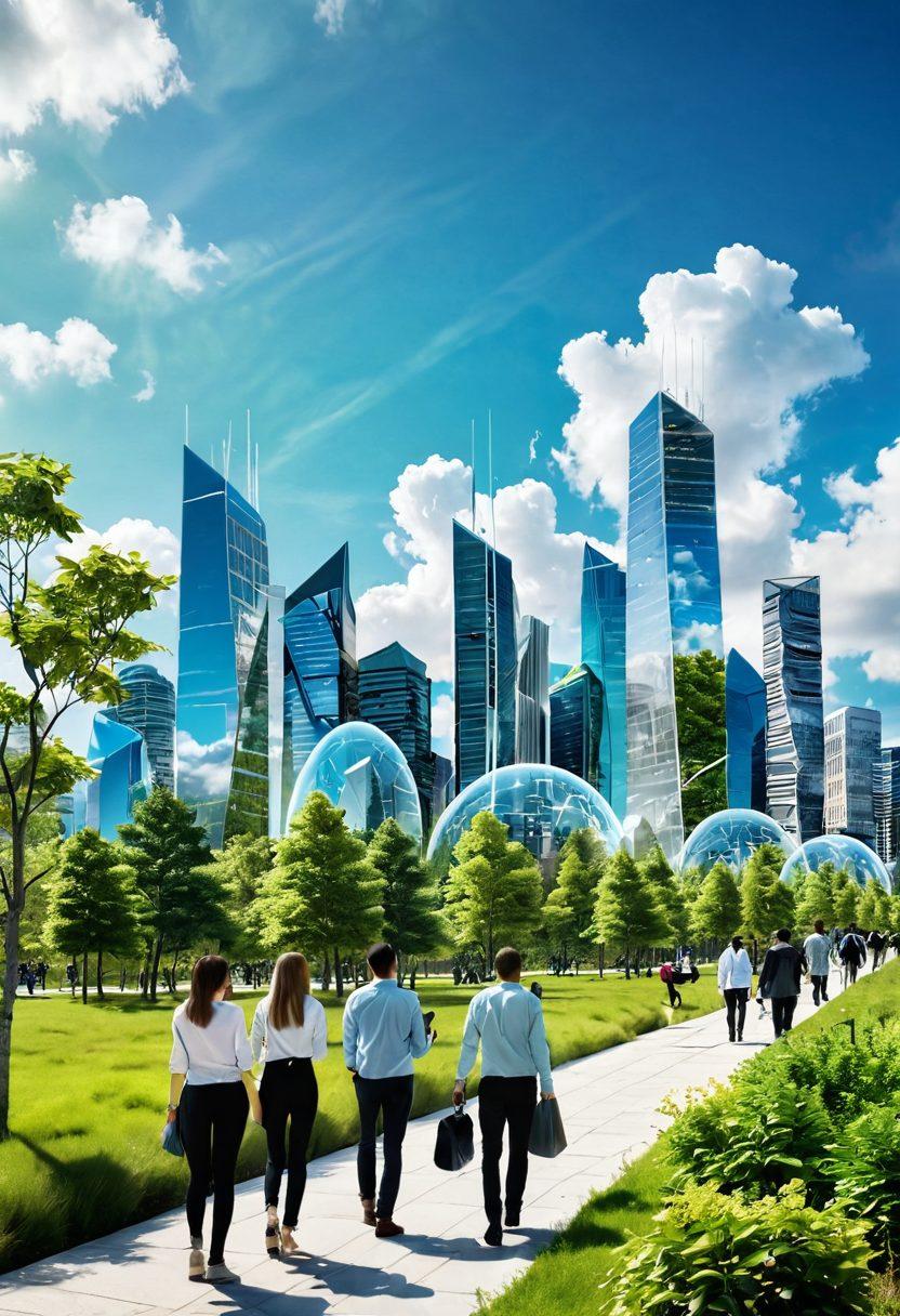 A futuristic cityscape showcasing a diverse group of people using digital devices in harmony with nature. Transparent screens display e-gov services in action, emphasizing connection and community well-being. Integrate green spaces with vibrant technology, symbolizing the blend of nature and digital advancement. The sky is bright with soft clouds, creating a sense of optimism and joy. vibrant colors. super-realistic.