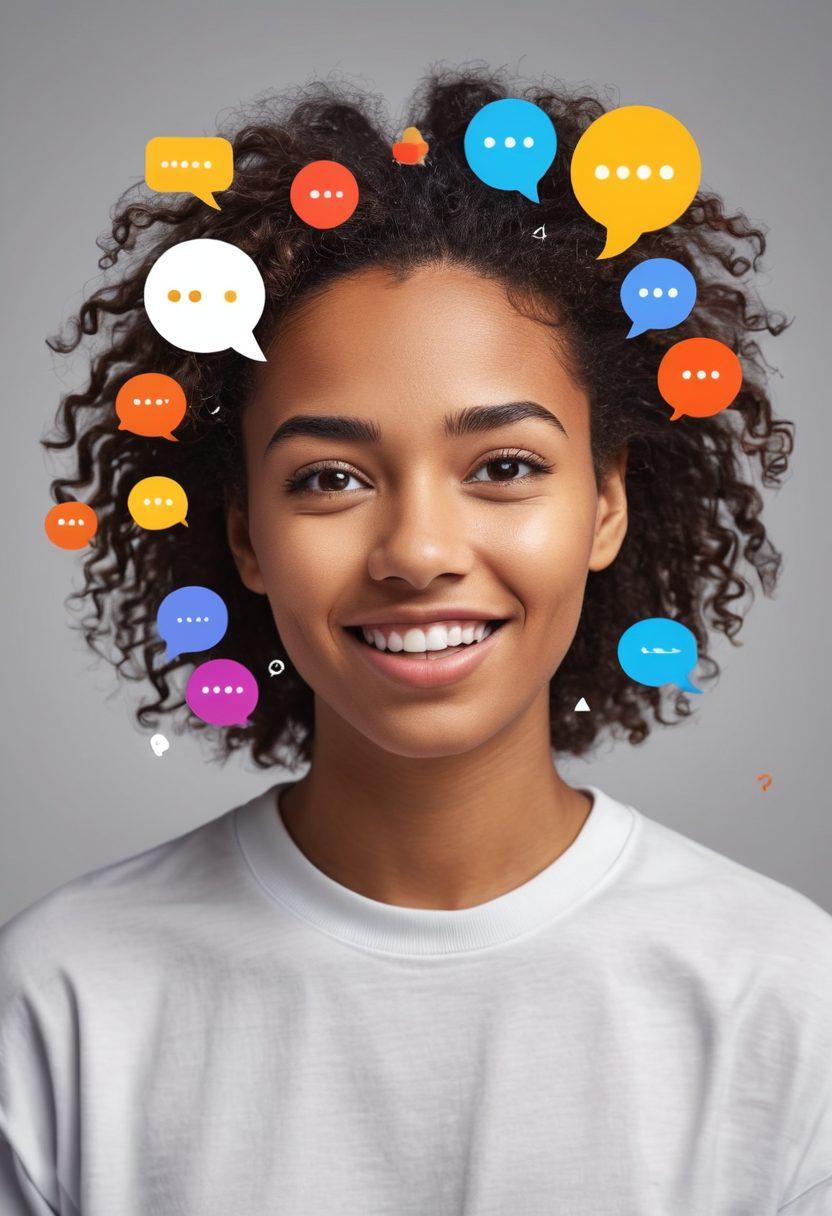 A split scene illustrating a frustrated person on one side, surrounded by chaotic digital notifications, and a cheerful individual on the other, joyfully engaging with friends via vibrant digital platforms. Incorporate symbols of connection like chat bubbles and social media icons flowing between them, radiating warmth and positivity. The background should transition from dull gray to bright, uplifting colors to symbolize the transformation. super-realistic. vibrant colors. white background.