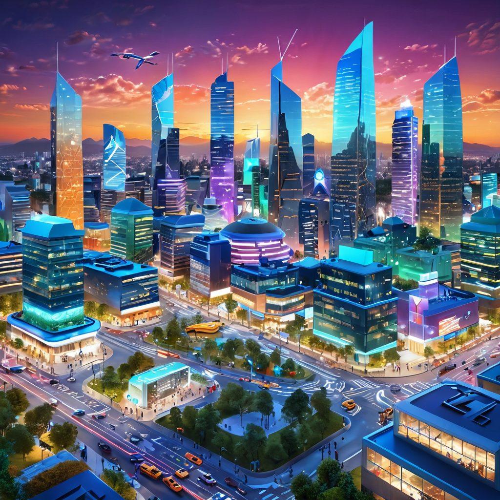 A futuristic cityscape showcasing interconnected digital services, with diverse people interacting harmoniously through technology. Emphasize e-governance with symbolic icons representing healthcare, education, and community services integrated into the city. Bright, uplifting colors to convey a sense of well-being and happiness, with greenery and public spaces enhancing the joyful atmosphere. super-realistic. vibrant colors. 3D.